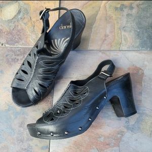 Dansko Women's 40 Black Leather Rowena 9.5 - 10 Sandals Peep Toe Slingback Heels